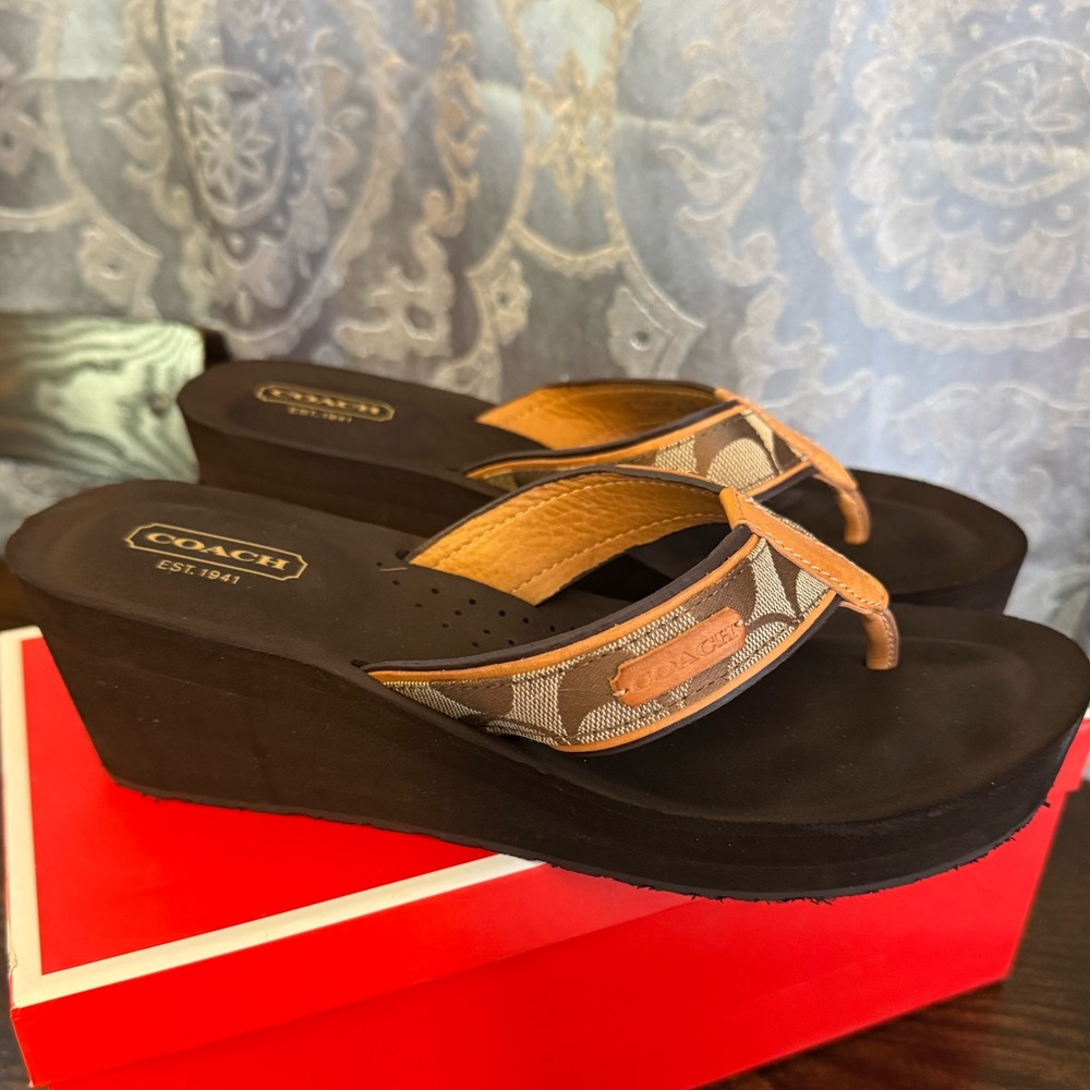Coach Black Platform Wedge Flip Sandals with Tan Signature Straps - Picture 2 of 10